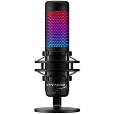 an image of a microphone with colorful lights on the front and side of its head