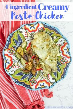 a plate with chicken and rice on it, next to a red striped towel that says 4 ingredient creamy pesto chicken