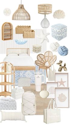 a collage of white and blue items including baskets, lamps, pillows, blankets