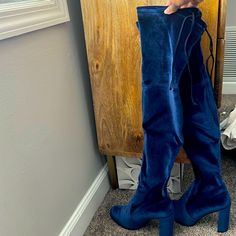 Excellent Pristine Condition Only Worn Once Stewart Weitzman Cobalt/Navy Blue Velvet Thigh High Boots. Size 8.5. These Boots Are Pull On And They Are Drawstring Adjustable At The Thigh. Box Included! Velvet Thigh High Boots, Stewart Weitzman, Stuart Weitzman Highland, Navy Blue Velvet, Thigh Boot, Stuart Weitzman Shoes, Thigh High Boots, Blue Velvet, Thigh High