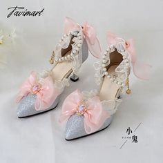 TAVIMART - Original Girls Sweet Lolita Ruffles Bowknot Lace Bridal Wedding Shoes Women High Heel Bordered Pearl Chain Princess Shoes Heel height 7cm Wedding Shoes Women, Silver Platforms, Wedding Pumps, Cinderella Wedding, Bridal Wedding Shoes, Princess Shoes, Bow Heels, Lace Bow, Bow Shoes