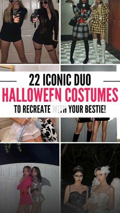 two women dressed up in halloween costumes with text overlay that reads, 22 iconic duo halloween costumes to create with your bestie