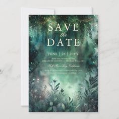 save the date card with an image of trees and stars in the sky on it