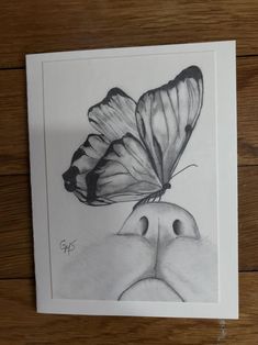 a black and white drawing of a butterfly on top of a pig's head