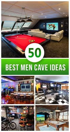 the cover of 50 best men's cave ideas, including pool tables and couches