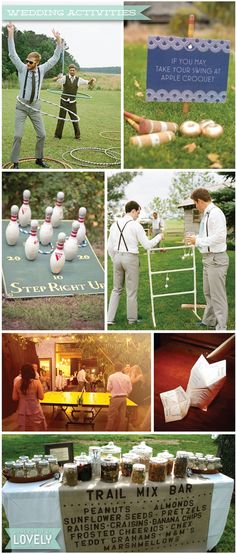 a collage of photos with people and food on them, including cake in the shape of bowling pins