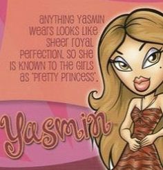 Bratz Movie Yasmin, Bratz Personalities, Bratz Studying, Bratz Nicknames, Brats Yasmin, Yasmine Bratz Aesthetic, Bratz Doll Yasmin Aesthetic, Bratz Names, Yasmin Bratz Cartoon