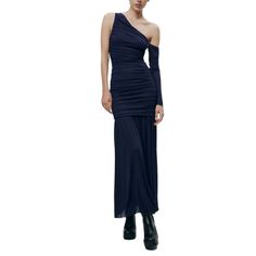 Look Amazing In This Zara Zw Collection Midi Navy Dress. This Dress Is Beautiful And Fits Amazing. Has A Great Stretch. Size Xs Blue Ruched Maxi Dress, Blue One Shoulder Stretch Maxi Dress, Blue Ruched Midi Evening Dress, Blue Ruched Maxi Dress For Night Out, Zara Blue Ruched Dress, Fitted Long Dress By Zara, Blue Ruched Maxi Dress For Cocktail, Zara Fitted Long Dress, Zara Blue Maxi Dress For Evening