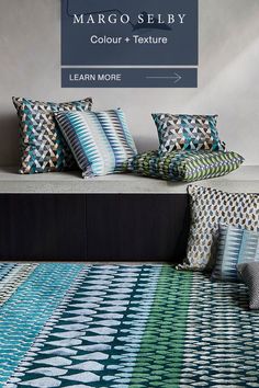 the margo seley collection is available in four different colors and patterns, including blue, green, yellow, red, white