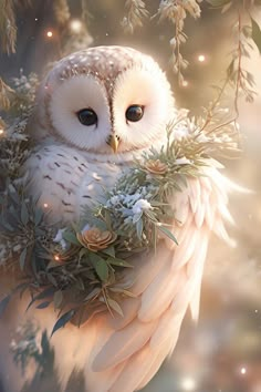 an owl sitting on top of a tree filled with leaves and branches covered in snow