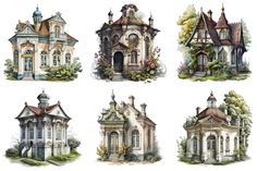 four different styles of houses with trees and bushes around them, all painted in watercolor