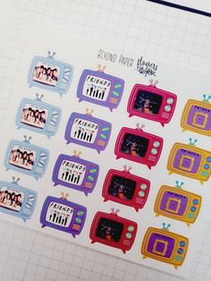 a sticker sheet with the words friends and tvs on it