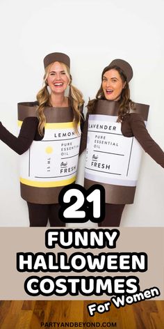 two women dressed up in costumes with the caption 21 funny halloween costumes for women