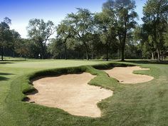 a sand trap in the middle of a golf course with trees and grass around it