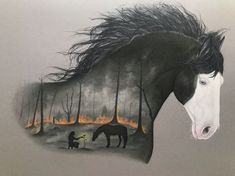 a drawing of a horse with fire in the background