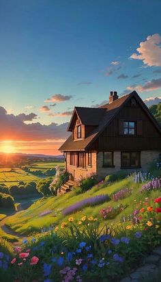 a painting of a house on a hill with flowers in the foreground at sunset