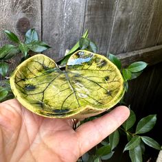 a hand holding a green leaf shaped bowl in front of a wooden fence with leaves on it