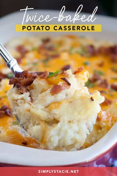 a close up of a spoon in a casserole with bacon on it and the words twice - baked potato casserole