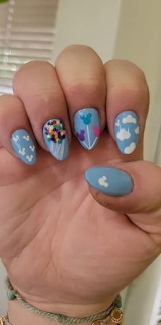 Disney Up inspired acrylic nail art Disney Nails Up, Disney Up Nail Designs, Up Disney Nails, Theme Park Nails, Disney Nails Diy, Pixar Nails Acrylic, Princess Disney Nails, Inside Out 2 Nails, Disney Up Nails