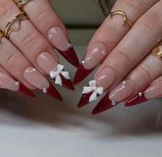 #long #nails #design #frenchnails  #cherry  #color #nailaddict  #nailartdesign  #follow Wine Red French Tip, Cherry Red French Tip Nails, Red Classy Nails, Nails Wine Red, Nails Almond Acrylic, Bow Nail Designs, Hollywood Nails, Fake Nails White