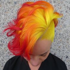 Bright Hair Colors Short, Dye Hairstyles, Pixie Mohawk, Phoenix Rising From The Ashes, Flame Hair, Rising From The Ashes, Fire Hair, Vivid Hair Color, Neon Hair