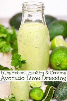 an avocado lime dressing in a glass bottle