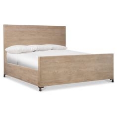 a wooden bed frame with white sheets and pillows on it's headboard, in front of a white background