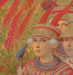 three women wearing hats and holding an umbrella in front of some tall grass with flowers behind them