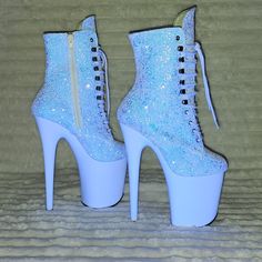 8" Heels With 4" Platforms Lace-Up Front Ankle Boots Featuring Black-Light Reactive Glittered Upper And Platform Bottom, Inner Side Zip Closure New In Box Dream Shoe, Pleaser Heels, Heels Aesthetic, Open Toe Boots, Cute Shoes Heels, Shoes Heels Classy, Pleaser Shoes, Silver Mermaid, Heels Classy