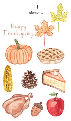 a thanksgiving card with an illustration of pumpkins, apples, pie and corn on it