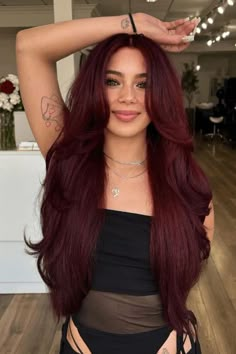 Burgundy Hair Blowout, Red Rose Hair Color, L’oréal Hi Color Magenta, Dark Magenta Hair Burgundy, Purple Red Hair Burgundy, Dark Roots With Red Hair, Hair Color Cherry Red, Hair Cuts For Long Hair Ideas, Hair Inspo Color Long