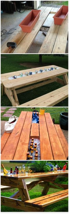 an outdoor picnic table made out of pallet wood with bottles and cups on it