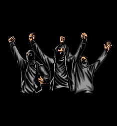 three men with their arms in the air and one wearing a black hoodie holding his hands up