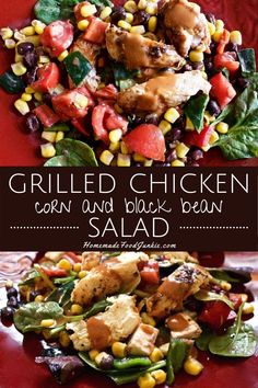 grilled chicken, corn and black bean salad on a red plate with text overlay