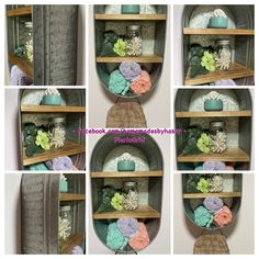 several pictures of different shelves with flowers and jars on them in various stages of display