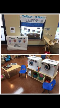 two pictures of laundry machines and chairs in front of a sign that says totally clean laundromat