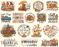 a bunch of thanksgiving stickers with pumpkins, leaves and other things on them