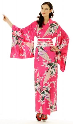 Asian Kimono  Stylish fuchsia kimono with elegant Asian flower and birds design pattern details. Kimono Online, Traditional Japanese Kimono, Traditional Kimono, Kimono Design