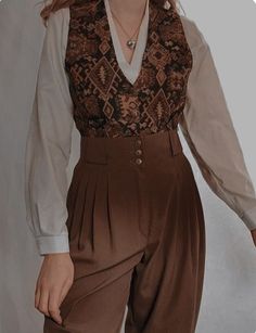 Cottagecore Vest Outfit, Earthy Formal Outfits, Nonbinary Graduation Outfit, Bardcore Outfits, Botanist Aesthetic Outfit, Cottagecore Business Casual, Cottagecore Suit, Cottagecore Pants Outfit, Professional Cottagecore