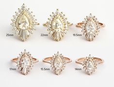 four different types of engagement rings and their size guide on a white background with measurements for each ring