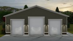 two garages with three doors open in front of a mountain range at sunset or dawn