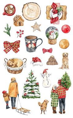 watercolor painting of christmas items and people in winter clothes, with dog on sled