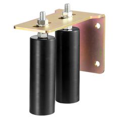 two black cylinders are attached to a metal bracket