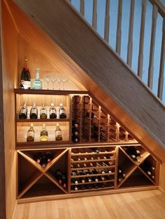 Understair wine rack Wine Bar Under Stairs Ideas, Staircase Wine Rack, Wine Cave Under Stairs, Wine Cellar Below Stairs, Under Stairs Drinks Storage, Home Wine Storage, Lockable Wine Storage, Basement Stairs Wine Storage, Home Bar Wine Racks