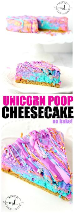 a slice of unicorn poop cheesecake on a plate