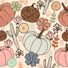 a pattern with pumpkins and flowers on it