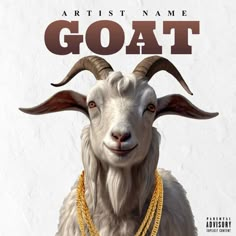 the goat is wearing a gold chain around it's neck