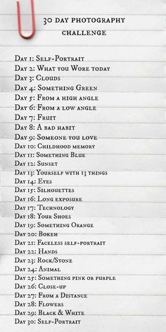 the 30 day photography challenge is shown on a piece of paper