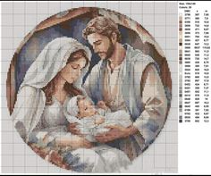 a cross stitch pattern with the image of jesus and mary holding a baby in her arms