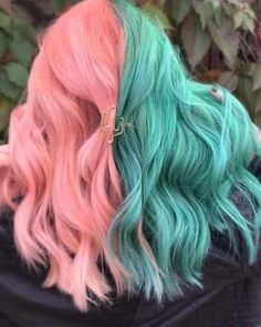 Two Hair Colors, Colored Hair, Green And Pink, Hair Colors, Pink Hair, Split, Hair Color